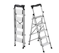 VEVOR Escalera de Aluminio Plegable 5 Peldaños, Escalera de Tijera con Pedal Antideslizante y Empuñadura Cómoda, Capacidad de 150 kg, Taburete Multifuncional para Cocina, Almacén, Hogar, Oficina
