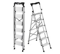 VEVOR Escalera de Aluminio Plegable 6 Peldaños, Escalera de Tijera con Pedal Antideslizante y Empuñadura Cómoda, Capacidad de 150 kg, Taburete Multifuncional para Cocina, Almacén, Hogar, Oficina