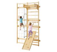 VEVOR Escalera Sueca de Gimnasio con Barras de Madera Maciza 12 Niveles Juego de Escalada Capacidad de 100 kg Montaje de Pared con Anillas de Gimnasio, Tobogán, Columpio para Hogar, Sala de Juegos