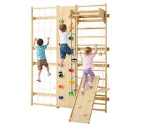 VEVOR Escalera Sueca de Gimnasio con Barras de Madera Maciza 12 Niveles Juego de Escalada Capacidad de 100 kg Montaje de Pared con Anillas de Gimnasio, Tobogán, Columpio para Hogar, Sala de Juegos