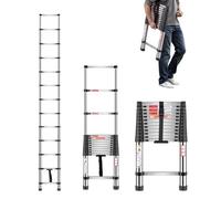 VEVOR Escalera Telescópica Extensible Ligera de Acero Inoxidable, con Retracción de Múltiples Botones, Carga 170 kg y Pies Antideslizantes, 13 Escalones para el Hogar, RV, Loft, 465 x 72 x 3740 mm