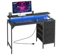VEVOR Escritorio de Oficina, con Luces LED Inteligentes y Tomas de Corriente, con 4 Cajones Grandes y Soporte para Monitor, para Sala de Estudio, Sala de Estar, 120 x 50 x 86 cm, Color Negro