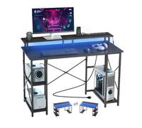 VEVOR Escritorio de Oficina, con Luces LED Inteligentes y Tomas de Corriente, con Soporte para Monitor y Estantes de Almacenamiento de 2 Niveles, Carga de 68 kg, 120 x 50 x 86,5 cm, Color Negro