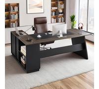 VEVOR Escritorio Ejecutivo en Forma de L, Escritorio Moderno con Cajones y Armario, Robusto, Soporta hasta 158,7 kg, Tablero de Partículas, para Trabajar, Estudiar o Escribir, Color Marrón Negro