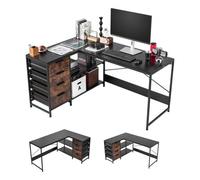 VEVOR Escritorio Esquinero 150 x 110 x 75,5 cm, Escritorio de Esquina con 4 Cajones y Estantes de Almacenamiento, Mesa de Ordenador en Forma de L Reversible, para Trabajar, Estudiar, Jugar, Negro