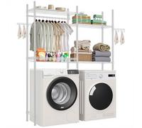 VEVOR Estante de Almacenamiento para Lavadora y Secadora, Tendedero de 4 Niveles con Barra y Ganchos, Estantes Ajustables de Dos Filas para Lavadora, Ahorra Espacio para Lavadero, Color Blanco