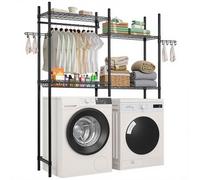 VEVOR Estante de Almacenamiento para Lavadora y Secadora, Tendedero de 4 Niveles con Barra y Ganchos, Estantes Ajustables de dos Filas para Lavadora, Ahorra Espacio para Lavadero, Color Negro