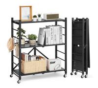 VEVOR Estante de Almacenamiento Plegable de 3 Niveles con Ruedas 76 x 33 x 91 cm Estantería Metálica Móvil Resistente, sin Necesidad de Ensamblaje, Organizador para Garaje, Cocina, Sótano, Negro