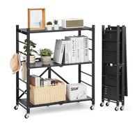 VEVOR Estante de Almacenamiento Plegable de 3 Niveles con Ruedas 76 x 33 x 91 cm Estantería Metálica Móvil Resistente, sin Necesidad de Ensamblaje, Organizador para Garaje, Cocina, Sótano, Negro