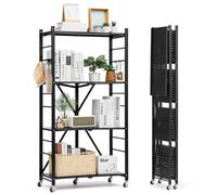 VEVOR Estante de Almacenamiento Plegable de 4 Niveles con Ruedas 71 x 33 x 137 cm Estantería Metálica Móvil Resistente, sin Necesidad de Ensamblaje, Organizador para Garaje, Cocina, Sótano, Negro