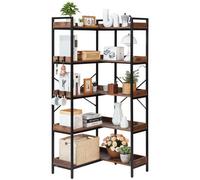 VEVOR Estante de Esquina 5 Niveles Alto de 166,1 cm con 4 Ganchos Estantería de Esquina con Marco de Metal Estantes de Madera Librería de Almacenamiento para Dormitorio, Sala de Estar, Oficina