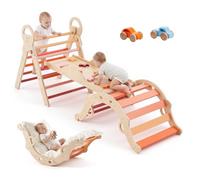 VEVOR Estructura de Escalada para Niños y Bebés, Gimnasio Montessori Plegable, Carga de 68 kg, con Cojín Arco de Escalada Tobogán Carritos de Madera, Triángulo Pikler para Niños, Madera y Naranja