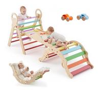 VEVOR Estructura de Escalada para Niños y Bebés, Gimnasio Montessori Plegable, con Carritos de Madera Cojín Rampa de Tobogán, Triángulo Pikler, Parque de Escalada de Interior, Aprendizaje para Niños