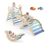 VEVOR Estructura de Escalada para Niños y Bebés, Gimnasio Montessori Plegable, con Cojín Tobogán Arco de Escalada Carritos de Madera, Triángulo Pikler, Juguete Aprendizaje para Niños, Madera y Azul