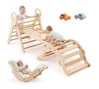 VEVOR Estructura de Escalada para Niños y Bebés, Gimnasio Montessori Plegable, Triángulo Pikler con Carritos de Madera Cojín Tobogán Arco de Escalada, Zona de Juego Interior para Niños, Color Natural