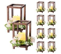 VEVOR Faroles de Madera para Bodas 10 Juegos con Velas LED y Coronas de Flores, Farolillos para Velas 140 x 140 x 254,8 mm, Candelabros para Decoración Rústica de Mesa de Boda, para Fiestas, Marrón