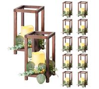 VEVOR Faroles de Madera para Bodas 12 Juegos con Velas LED y Coronas de Flores, Farolillos para Velas 140 x 140 x 254,8 mm, Candelabros para Decoración Rústica de Mesa de Boda, para Fiestas, Marrón