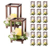 VEVOR Faroles de Madera para Bodas 20 Juegos con Velas LED y Coronas de Flores, Farolillos para Velas 140 x 140 x 254,8 mm, Candelabros para Decoración Rústica de Mesa de Boda, para Fiestas, Marrón