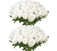 VEVOR Flores Artificiales, 60 Rosas Artificiales de Espuma Blanca de Aspecto Real a Granel, Rosas Blancas Artificiales con Tallos para Ramos de Boda, Centros de Mesa y Decoración de Mesas de Fiesta