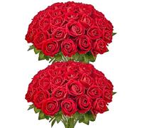 VEVOR Flores Artificiales, 60 Rosas Artificiales de Espuma Roja de Aspecto Real a Granel, Rosas Rojas Artificiales con Tallos para Ramos de Boda, Centros de Mesa y Decoración de Mesas de Fiesta