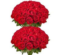 VEVOR Flores Artificiales, 60 Rosas Artificiales de Espuma Roja de Aspecto Real a Granel, Rosas Rojas Artificiales con Tallos para Ramos de Boda, Centros de Mesa y Decoración de Mesas de Fiesta