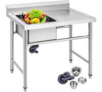 VEVOR Fregadero Comercial de Acero Inoxidable para Fregadero de Cocina, 1 Compartimientos de Tamaño Total 100 x 61 x 95 cm Plata, Hecho a Mano Con Plataforma Derecha para Fregadero de Barra Inferior