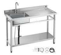 VEVOR Fregadero de Acero Inoxidable, 120 x 50 x 94 cm, de Un Seno con Grifo y Estante, para Garaje, Restaurante, Lavandería, Lavabo Exterior con Encimera Derecha, Resistente a los Arañazos, Plata
