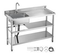 VEVOR Fregadero de Acero Inoxidable, 120 x 50 x 94 cm, Un Seno con Grifo Agua Caliente y Fría y 2 Compartimentos de Almacenamiento, para Garaje o Restaurante, Lavabo Exterior con Encimera Derecha