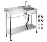 VEVOR Fregadero de Acero Inoxidable, 1200 x 500 x 1055 mm, de Un Seno con Grifo de Agua Caliente y Fría y Ruedas, para Garaje, Restaurante, Lavandería, Lavabo Exterior con Encimera Izquierda