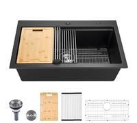 VEVOR Fregadero de Cocina de Granito 84 x 56 x 25 cm para Montaje en Superficie, Fregadero Empotrado de Estilo Rústico con Accesorios, para Autocaravanas, Cocinas de Preparación y Bares, Negro