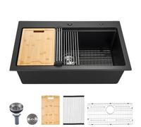 VEVOR Fregadero de Cocina de Granito 84 x 56 x 25 cm para Montaje en Superficie, Fregadero Empotrado de Estilo Rústico con Accesorios, para Autocaravanas, Cocinas de Preparación y Bares, Negro