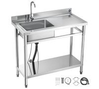 VEVOR Fregadero de Cocina Utilitario de Acero Inoxidable, con Cubeta Izquierda, Incluye Grifo y Tuberías para Agua Fría y Caliente, para Garaje, Restaurante, Lavandería, 100 x 50 x 94 cm, Plata