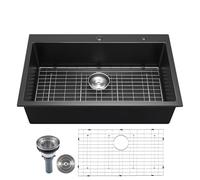 VEVOR Fregadero de Granito Doméstico 838 x 559 x 222 mm a Montaje en Superficie, Fregadero Empotrado de Estilo Rústico con Accesorios, para Autocaravanas, Cocinas de Preparación y Bares, Negro