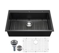 VEVOR Fregadero de Granito Doméstico 838 x 559 x 222 mm a Montaje en Superficie, Fregadero Empotrado de Estilo Rústico con Accesorios, para Autocaravanas, Cocinas de Preparación y Bares, Negro