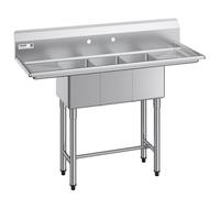 VEVOR Fregadero Independiente de 3 Compartimentos, Acero Inoxidable 304, Lavabo móvil de 1372 x 508 x 1097 mm con 2 Escurridores, Protector Antisalpicaduras para Cocina Restaurante Hogares Exteriores