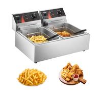 VEVOR Freidora de Patatas Eléctrica 5000 W Doble Tanque de Acero Inoxidable Grado Alimenticio con Control de Temperatura Ajustable Freidora de Doble Chip Fácil de Limpiar con Cesta Doble y Tapa