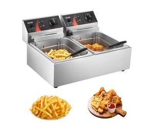 VEVOR Freidora de Patatas Eléctrica 5000 W Doble Tanque de Acero Inoxidable Grado Alimenticio con Control de Temperatura Ajustable Freidora de Doble Chip Fácil de Limpiar con Cesta Doble y Tapa