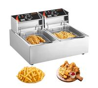 VEVOR Freidora Eléctrica Comercial 2Tanques 12L 5000W Freidora de Aceite de Acero Inoxidable con 2 Cestas para Freír Tapas Temperatura Ajustable 50-200 gradosC para Aros de Cebolla Pollo Papas Fritas