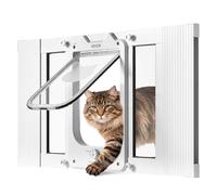 VEVOR Gatera para Gatitos para Ventana Ajustable de 58,4-71,1 cm Puerta para Gato 4 Modos de Cierre Marco de Aluminio y Cristal de Alta Transparencia Cierre Magnético para Mascotas Pequeñas, Blanco