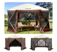 VEVOR Gazebo Emergente 3,51 x 3,51 m Carpa con Pantalla Emergente Poligonal de 6 Lados Refugio Solar de Ajuste Rápido con 6 Parasoles Extraíbles a Prueba de Viento Ventanas de Malla, Marrón.