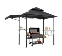 VEVOR Gazebo para Barbacoa, Refugio Reforzado para Barbacoa con Recubrimiento en Polvo 243 x 150 x 250 cm con Techo de 2 Niveles, 2 Estantes Laterales, Ganchos y Toldo Adicional para Patio, Jardín