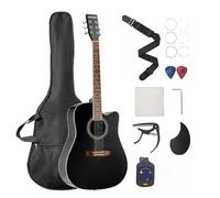 VEVOR Guitarra Acústica con Corte de 1041,4 mm y 6 Cuerdas con Tapa de Abeto Macizo Negro, Funda, Afinador, Correa, Cuerdas, Púas, Cejilla y Diapasón de Palisandro para Principiantes de Jazz