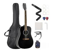 VEVOR Guitarra Acústica Redondeada de 1041,4 mm y 6 Cuerdas con Tapa de Abeto Macizo Negro, Funda, Afinador, Correa, Cuerdas de Acero, Púas, Cejilla y Diapasón de Palisandro para Músicos