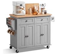 VEVOR Isla de Cocina Móvil con 2 Cajones Encimera de 90 x 45 x 2,7 cm Gris | Carrito de Cocina con Especiero, Toallero, Ruedas con Freno y 4 Puertas, Estante Ajustable, De Tablero de MDF, Para Comedor