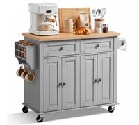 VEVOR Isla de Cocina Móvil con 2 Cajones Encimera de 90 x 45 x 2,7 cm Gris, Carrito de Cocina con Especiero, Toallero, Ruedas con Freno y 4 Puertas, Estante Ajustable, De Tablero de MDF, Para Comedor