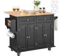 VEVOR Isla de Cocina Portátil con Ruedas, Carrito con Superficie de Madera, Gabinete de Almacenamiento, con Hojas Abatibles, Estante para Especias, Cajón y Ganchos, Negro, 1100 x 715 x 813 mm