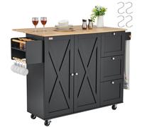 VEVOR - Isla de cocina portátil con ruedas, carrito de 56" con superficie de madera, gabinete de almacenamiento, mesa con ruedas con hojas abatibles, estante para especias, barra para toallas, estante