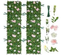 VEVOR Jardín Vertical Artificial 61 x 243,8 cm, Panel Decorativo de Pared 2 Unidades, Hojas Verdes y Flores Rosadas y Blancas, Planta de Decoración para Bodas Fiestas Exterior Interior Terraza Hogar