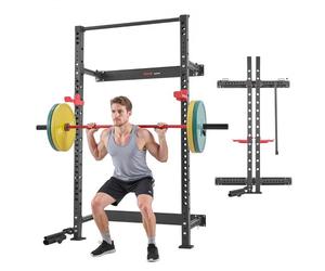 VEVOR Jaula de Potencia Plegable de Pared para Sentadillas, con Soporte a Minas Terrestres, Ganchos en J Ajustables y Barra de Dominadas para Gimnasio en Casa, Carga 454 kg, 1220 x 760 x 2210 mm