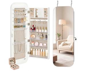 VEVOR Joyero, con Espejo de Cuerpo Entero y Espacio de Almacenamiento, para Montar en la Pared o sobre la Puerta, Diseño Redondeado, con Cerradura con 2 Llaves y Organizador de Viaje, Blanco